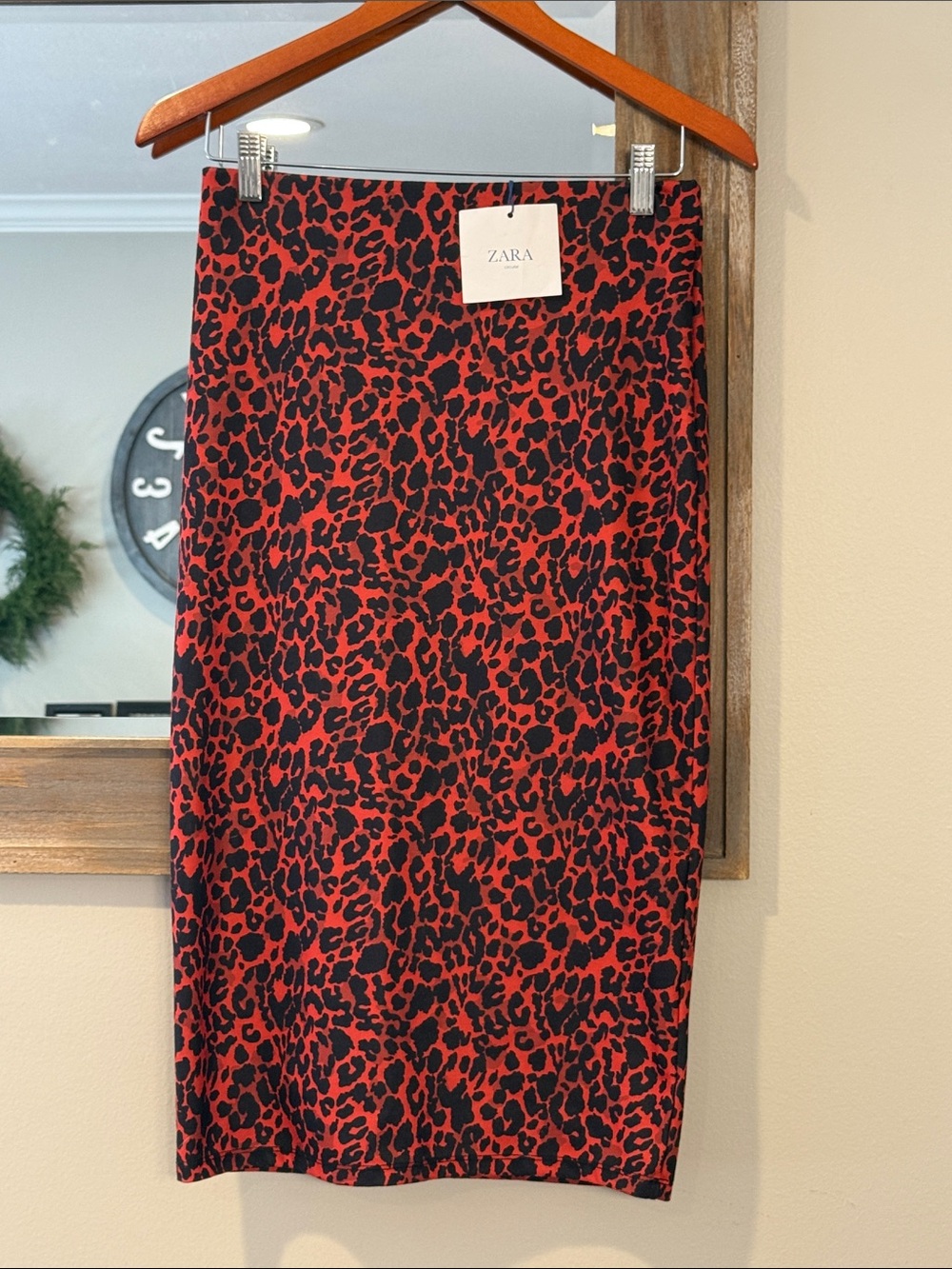 ZARA Red and Black Leopard-Print Pencil Skirt